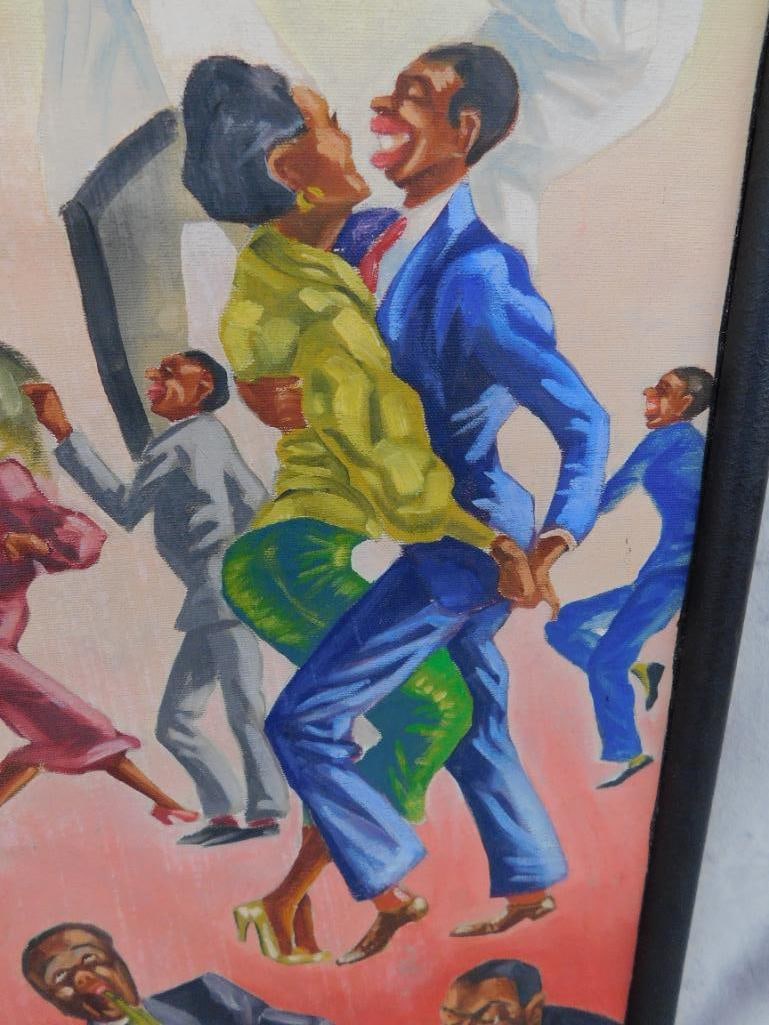 Vintage Oil on Canvas - Jazz Band and Dancers - Signed - 26.25" x 12.5" - 3