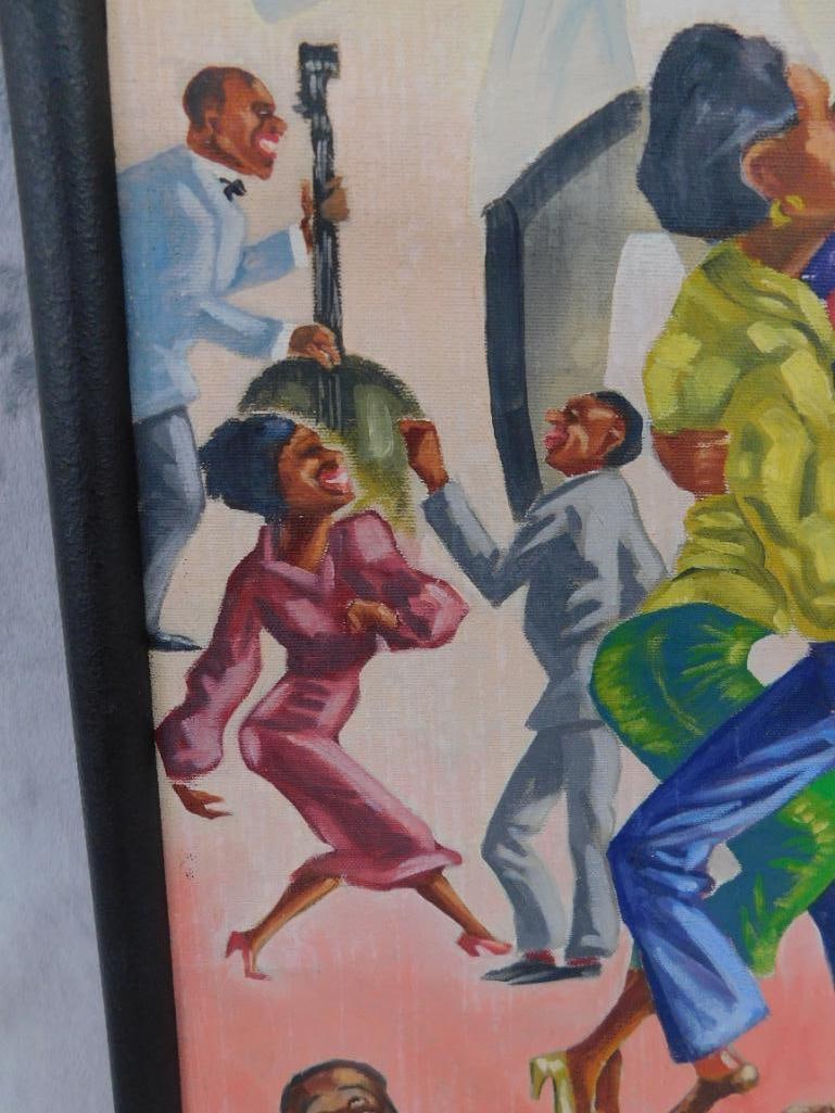 Vintage Oil on Canvas - Jazz Band and Dancers - Signed - 26.25" x 12.5" - 4