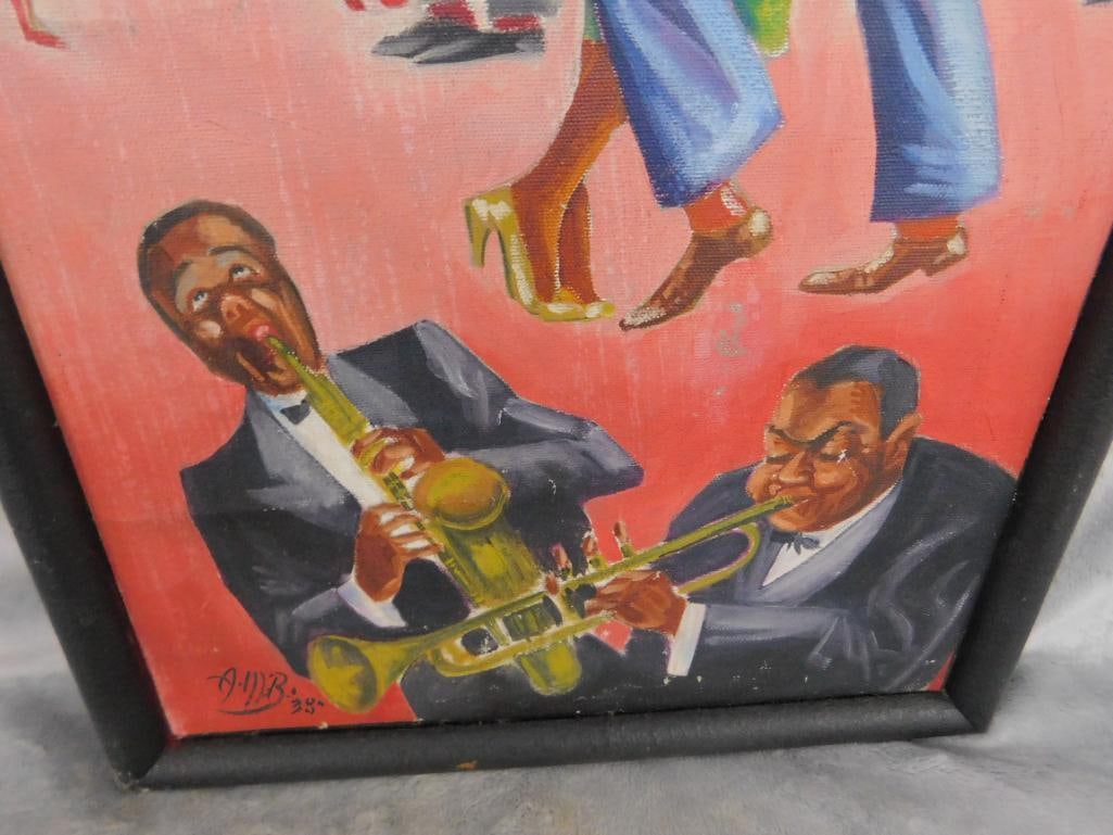 Vintage Oil on Canvas - Jazz Band and Dancers - Signed - 26.25" x 12.5" - 5