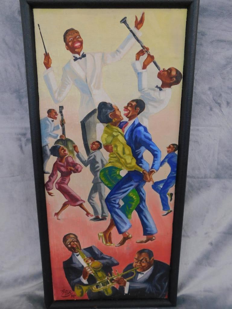 Vintage Oil on Canvas - Jazz Band and Dancers - Signed - 26.25" x 12.5" - 7