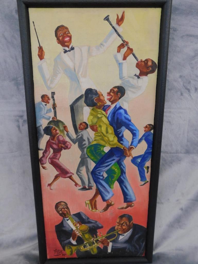 Vintage Oil on Canvas - Jazz Band and Dancers - Signed - 26.25" x 12.5" - 8