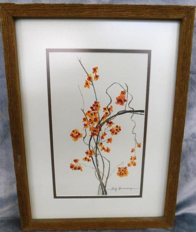 Framed Watercolor - Signed Judy Hemenway - Flowers and Berries - 17" x 12.5": See Photos For Condition and Details