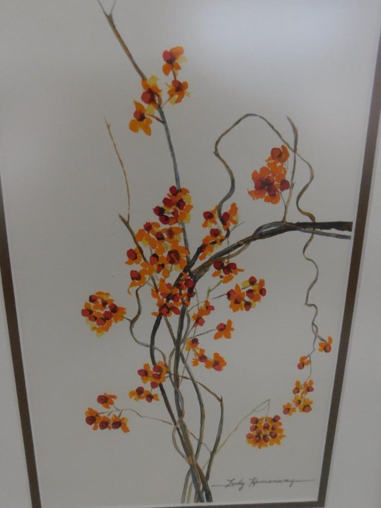 Framed Watercolor - Signed Judy Hemenway - Flowers and Berries - 17" x 12.5" - 2