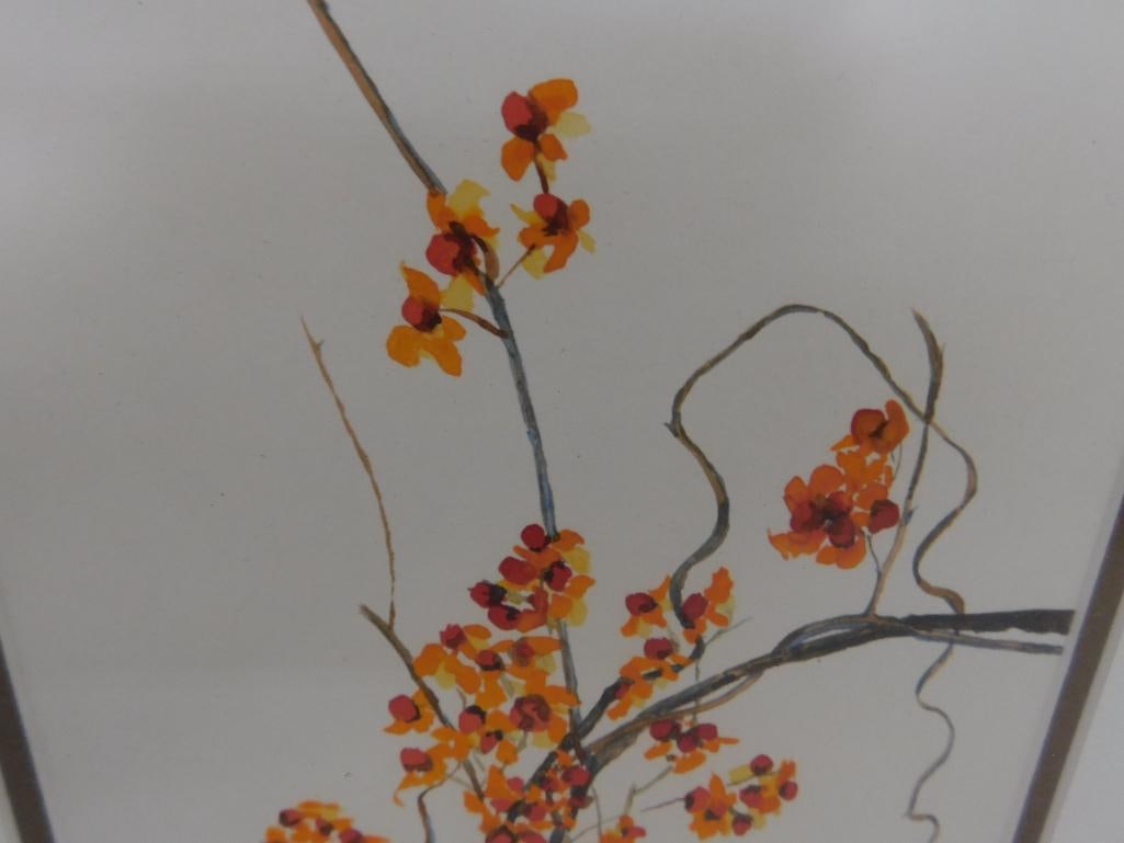 Framed Watercolor - Signed Judy Hemenway - Flowers and Berries - 17" x 12.5" - 3