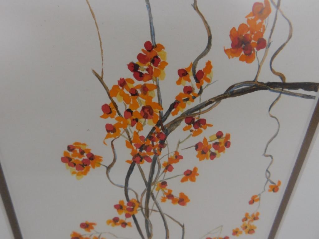 Framed Watercolor - Signed Judy Hemenway - Flowers and Berries - 17" x 12.5" - 4
