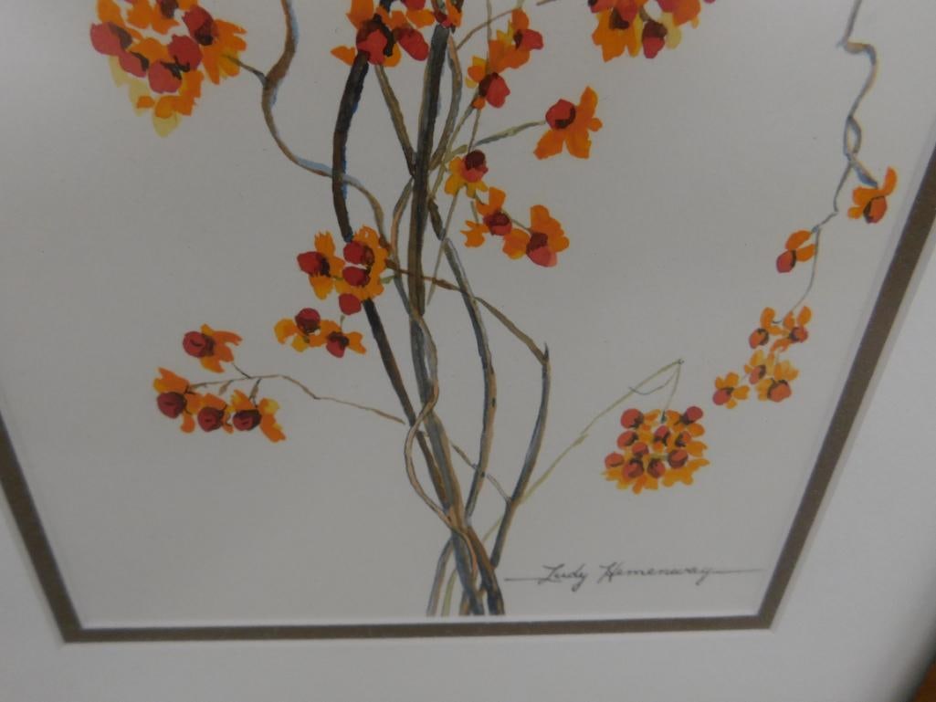 Framed Watercolor - Signed Judy Hemenway - Flowers and Berries - 17" x 12.5" - 5