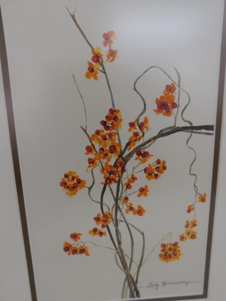 Framed Watercolor - Signed Judy Hemenway - Flowers and Berries - 17" x 12.5" - 7