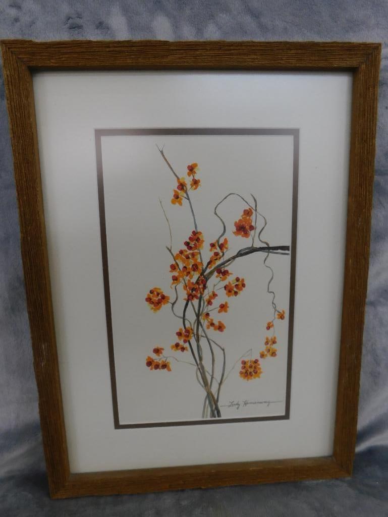 Framed Watercolor - Signed Judy Hemenway - Flowers and Berries - 17" x 12.5" - 8