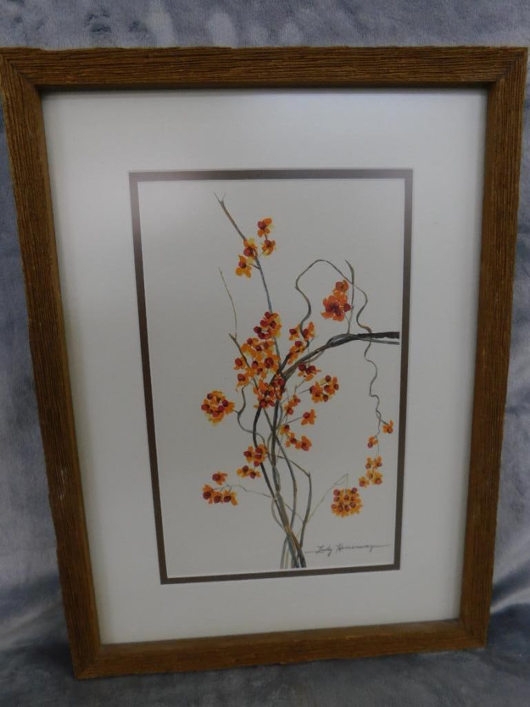 Framed Watercolor - Signed Judy Hemenway - Flowers and Berries - 17" x 12.5" - 9