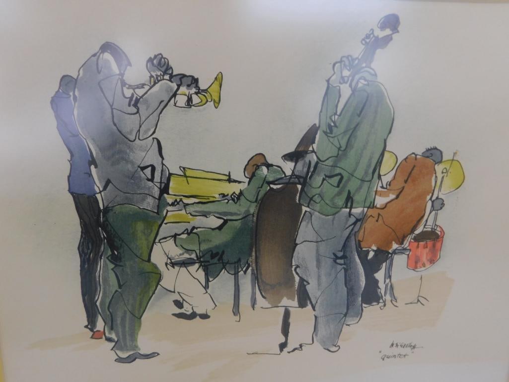 Vintage Jazz Watercolor - Signed - "Quintet" - 17.25" x 21.25" - 2
