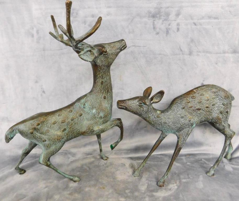 Bronze Buck/Stag and Doe Figures - Buck Measures 16.5" x 14" x 7.5" - Doe 9.5" x 13" x 3": See Photos For Condition and Details
