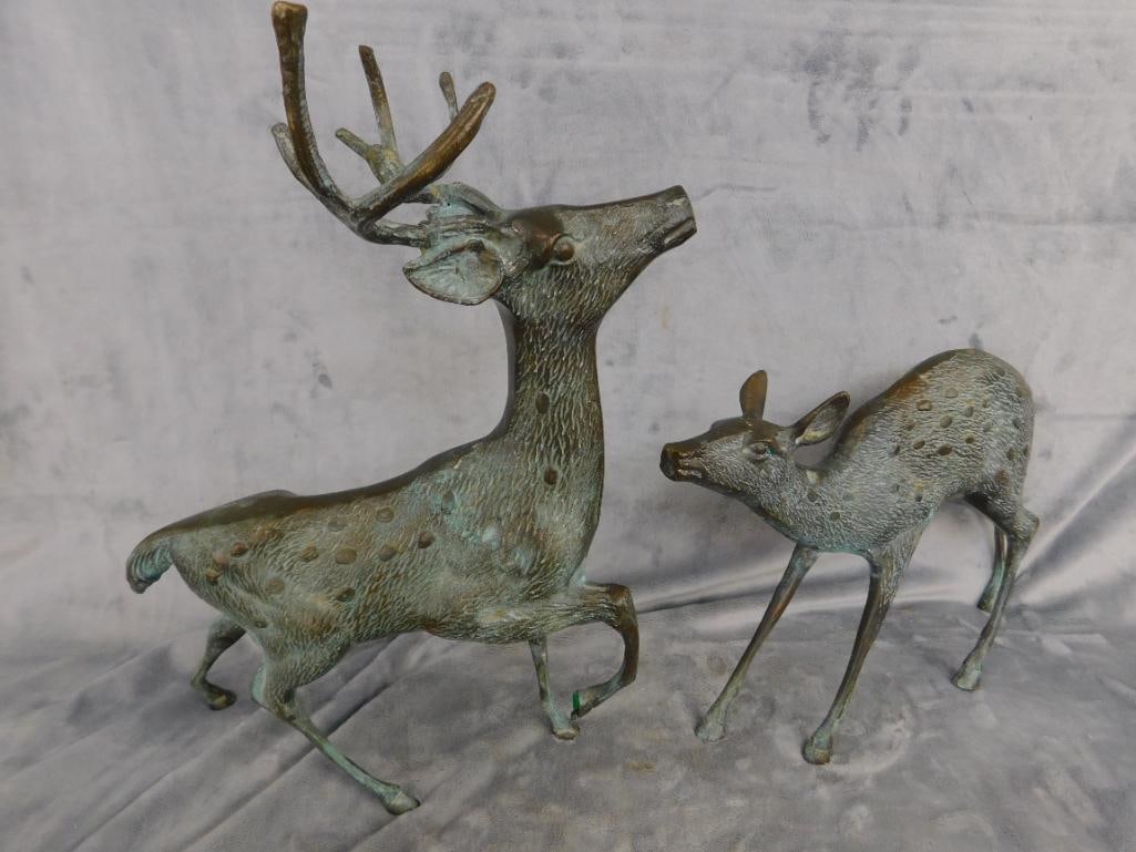 Bronze Buck/Stag and Doe Figures - Buck Measures 16.5" x 14" x 7.5" - Doe 9.5" x 13" x 3" - 9