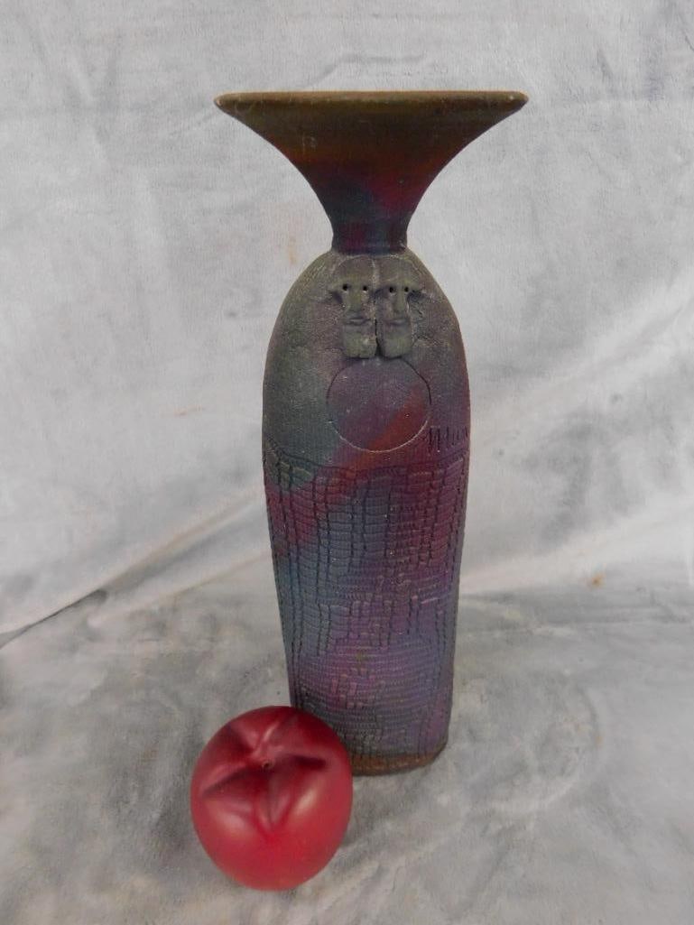 Studio Art Pottery Vase - Signed Mundt - Raku - Masks - 12.5' x 3.5" x 2.5" - 10