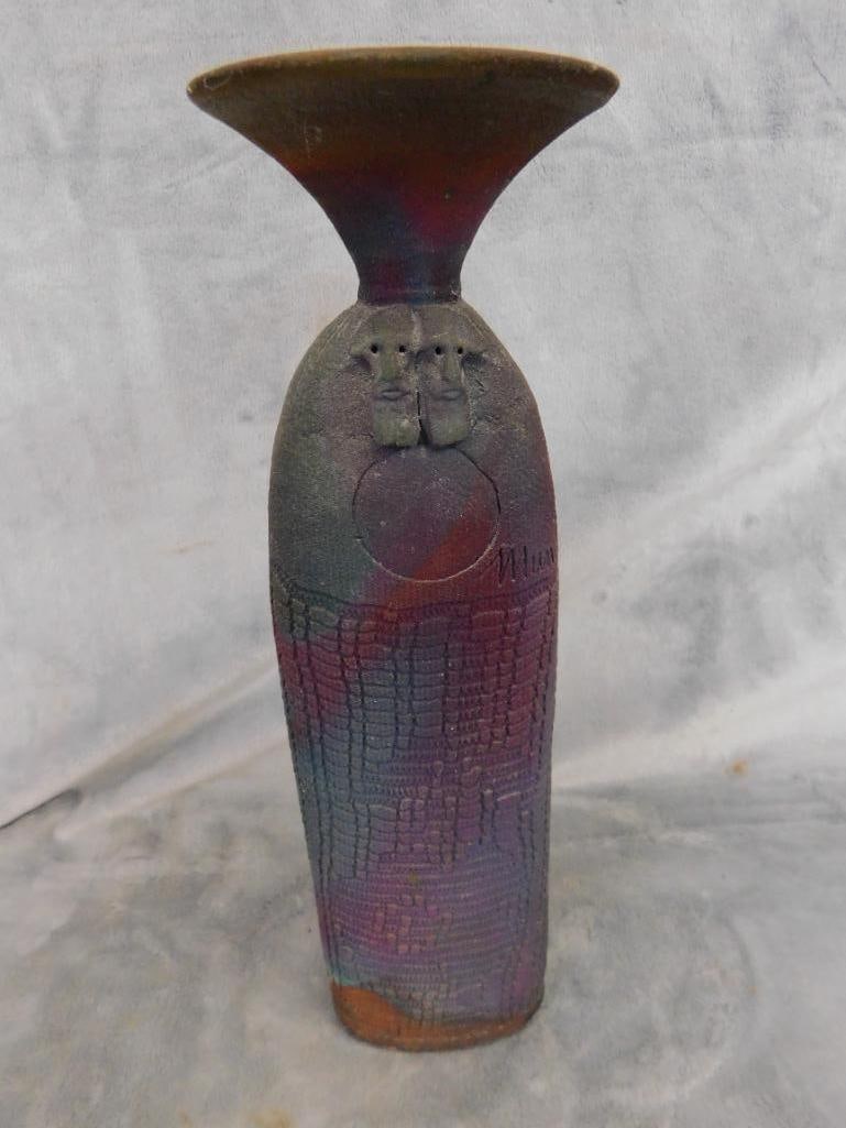 Studio Art Pottery Vase - Signed Mundt - Raku - Masks - 12.5' x 3.5" x 2.5" - 11