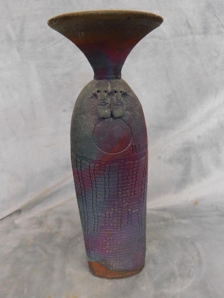 Studio Art Pottery Vase - Signed Mundt - Raku - Masks - 12.5' x 3.5" x 2.5" - 12