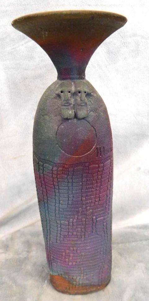Studio Art Pottery Vase - Signed Mundt - Raku - Masks - 12.5' x 3.5" x 2.5": See Photos For Condition and Details