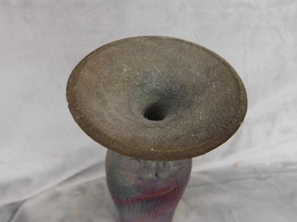 Studio Art Pottery Vase - Signed Mundt - Raku - Masks - 12.5' x 3.5" x 2.5" - 2