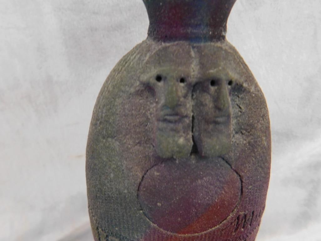 Studio Art Pottery Vase - Signed Mundt - Raku - Masks - 12.5' x 3.5" x 2.5" - 3