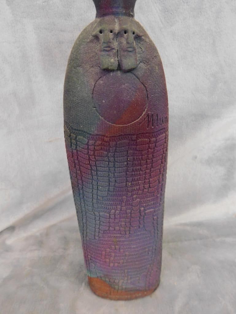 Studio Art Pottery Vase - Signed Mundt - Raku - Masks - 12.5' x 3.5" x 2.5" - 5