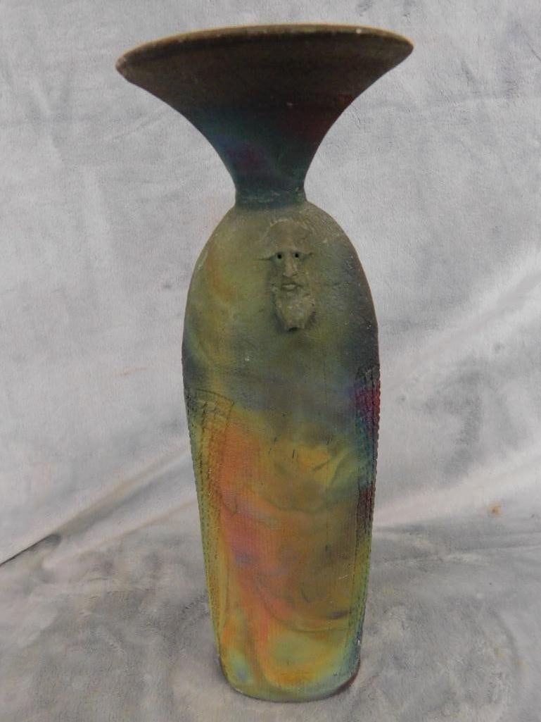 Studio Art Pottery Vase - Signed Mundt - Raku - Masks - 12.5' x 3.5" x 2.5" - 6