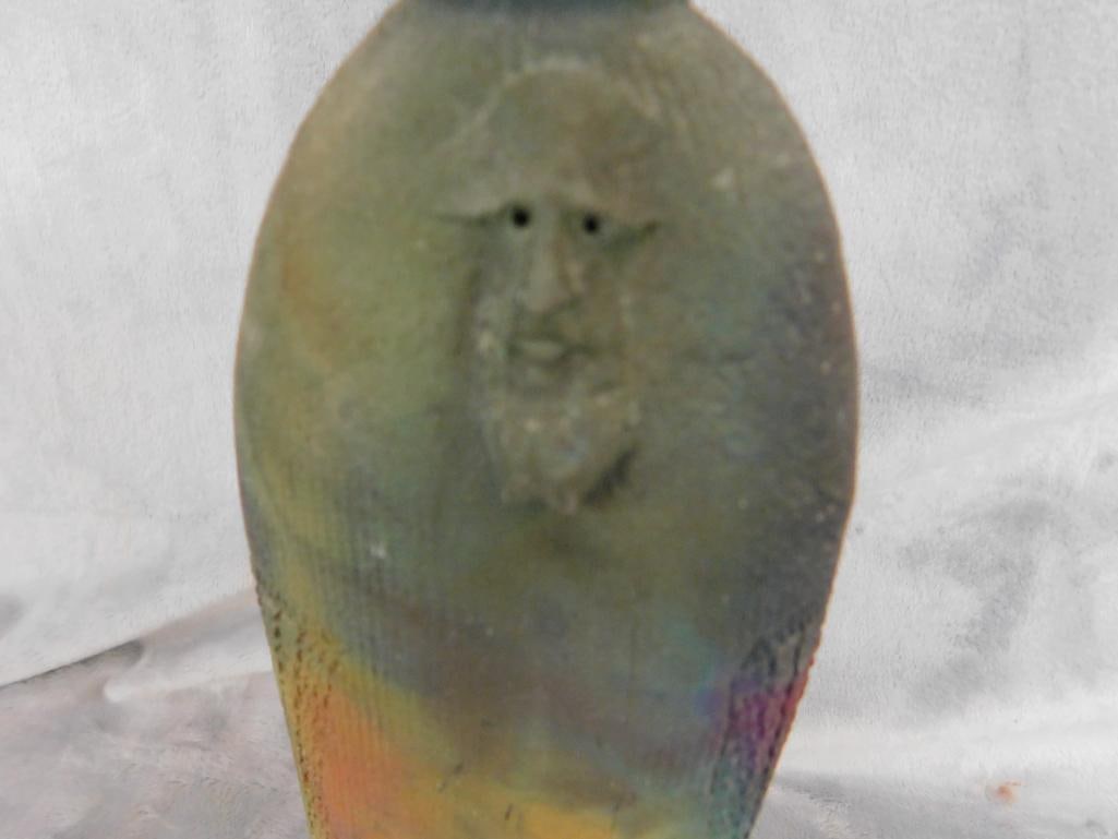 Studio Art Pottery Vase - Signed Mundt - Raku - Masks - 12.5' x 3.5" x 2.5" - 7