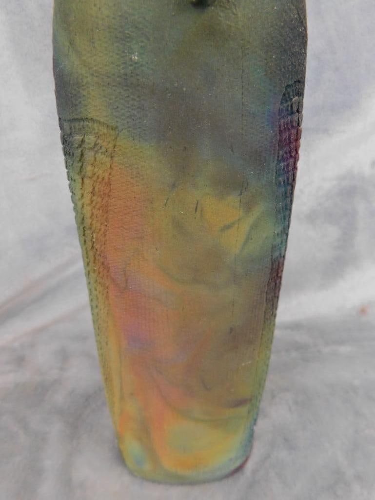 Studio Art Pottery Vase - Signed Mundt - Raku - Masks - 12.5' x 3.5" x 2.5" - 8