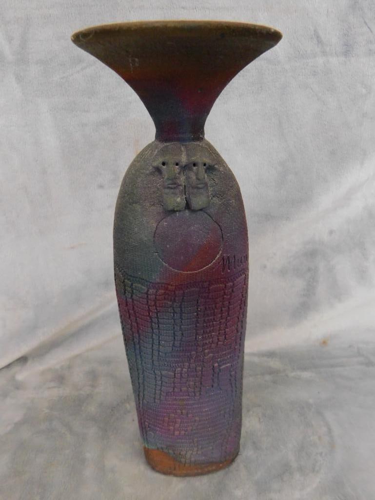 Studio Art Pottery Vase - Signed Mundt - Raku - Masks - 12.5' x 3.5" x 2.5" - 9