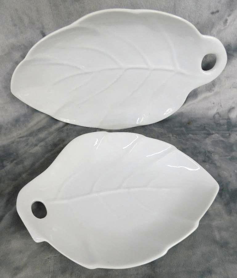 Pair of White Glazes Leaf Shaped Pottery Platters - 16.25" x 10.25" and 14" x 10": See Photos For Condition and Details
