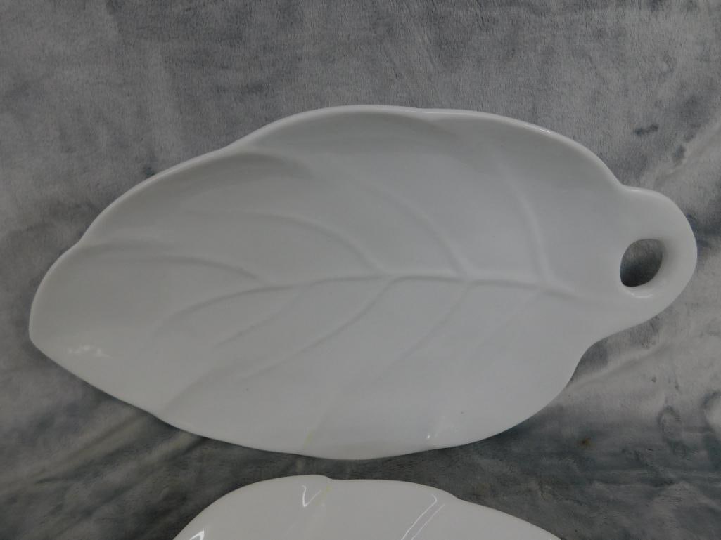 Pair of White Glazes Leaf Shaped Pottery Platters - 16.25" x 10.25" and 14" x 10" - 2