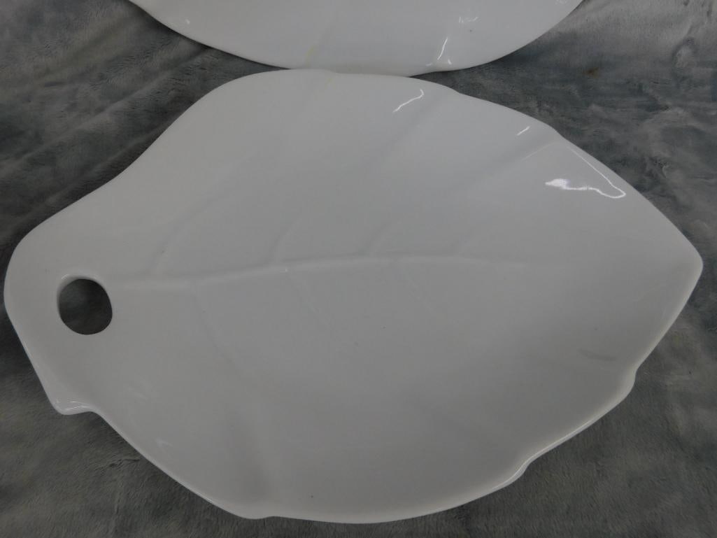 Pair of White Glazes Leaf Shaped Pottery Platters - 16.25" x 10.25" and 14" x 10" - 3