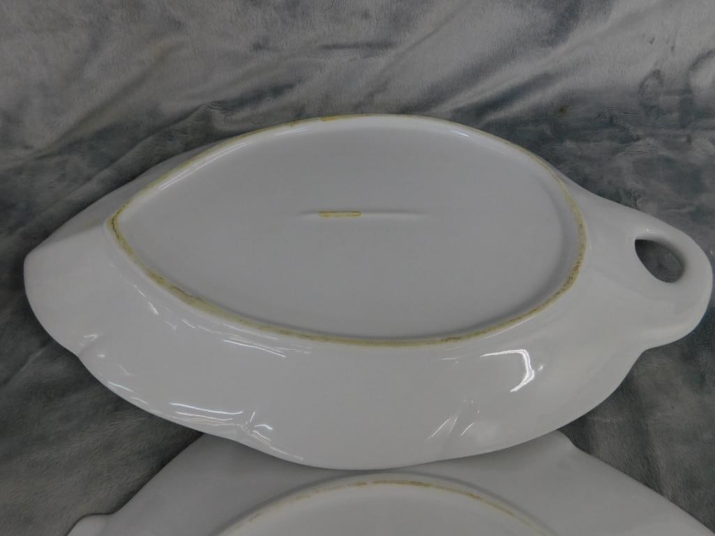 Pair of White Glazes Leaf Shaped Pottery Platters - 16.25" x 10.25" and 14" x 10" - 5