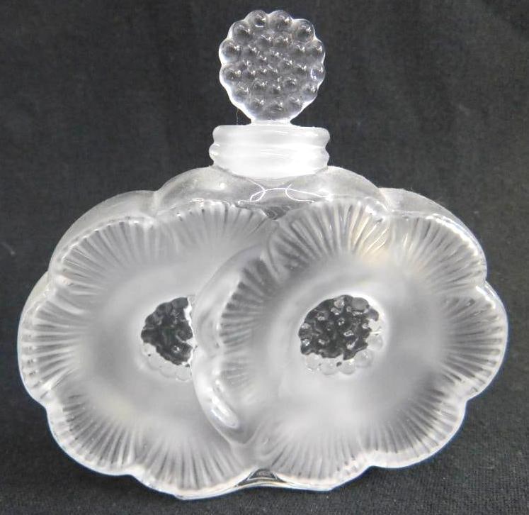 Signed Lalique Double Flower Perfume Bottle with Stopper - 3.75" x 3.75" x 1": See Photos For Condition and Details