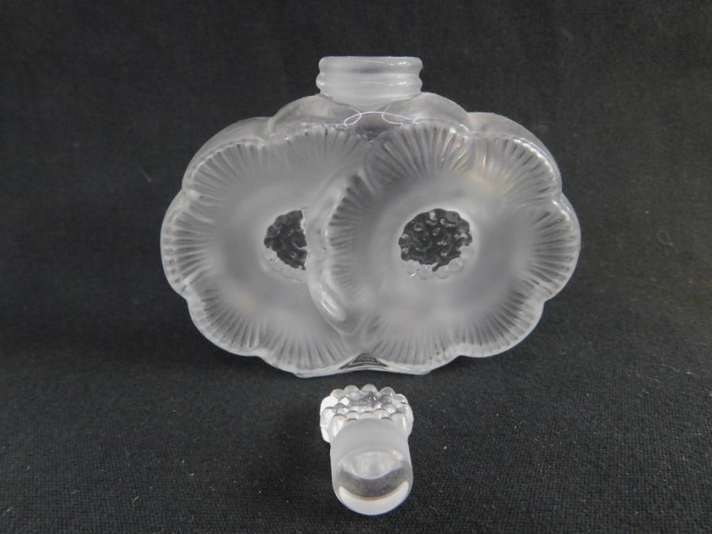 Signed Lalique Double Flower Perfume Bottle with Stopper - 3.75" x 3.75" x 1" - 2