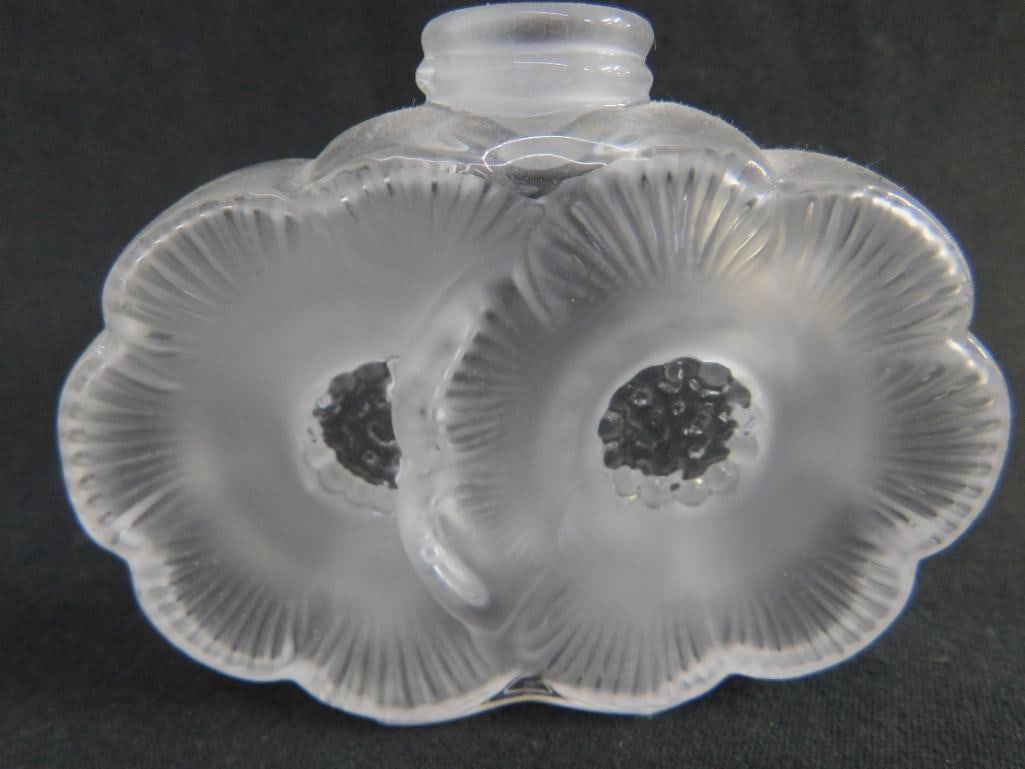 Signed Lalique Double Flower Perfume Bottle with Stopper - 3.75" x 3.75" x 1" - 3