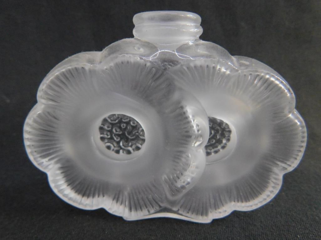 Signed Lalique Double Flower Perfume Bottle with Stopper - 3.75" x 3.75" x 1" - 4