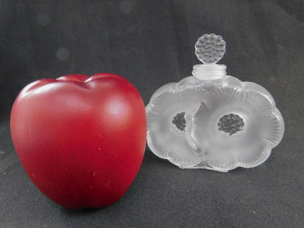 Signed Lalique Double Flower Perfume Bottle with Stopper - 3.75" x 3.75" x 1" - 6