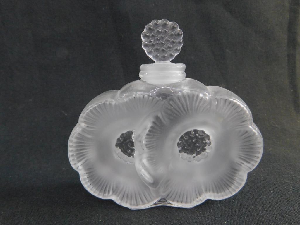 Signed Lalique Double Flower Perfume Bottle with Stopper - 3.75" x 3.75" x 1" - 7