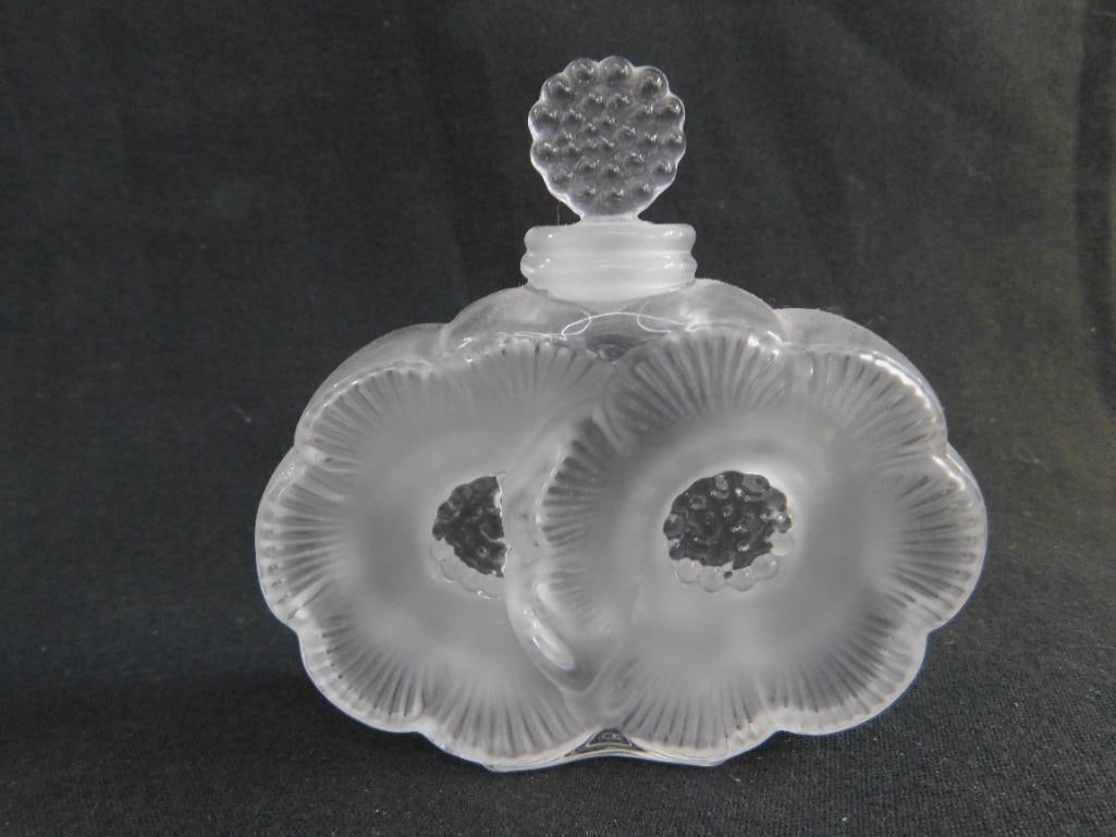 Signed Lalique Double Flower Perfume Bottle with Stopper - 3.75" x 3.75" x 1" - 8