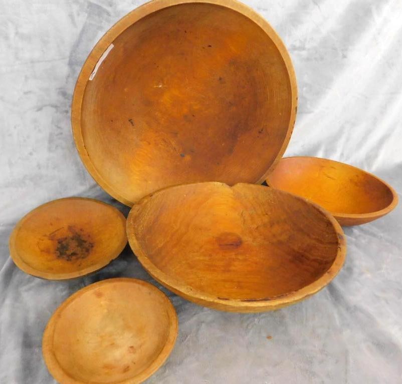 Group of 5 Wood Bowls - 17" - 14" - 10.5" - 9"- 7": See Photos For Condition and Details