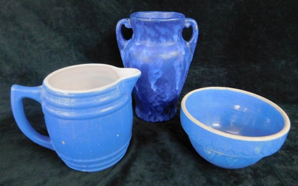 Studio Art Pottery Handled Vase - Unsigned - 8.25" x 5.75" x 5.25" - 6.25" Mixing Bowl: Uhl Pitcher - See Photos For Condition and Details