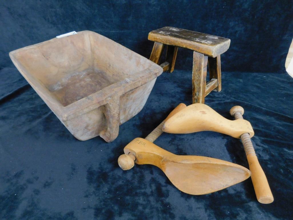 Lot with Shoe Stretchers - Small Stool - Handled Bin Scoop - 14