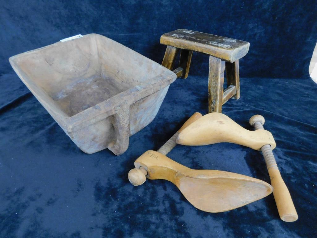 Lot with Shoe Stretchers - Small Stool - Handled Bin Scoop - 15