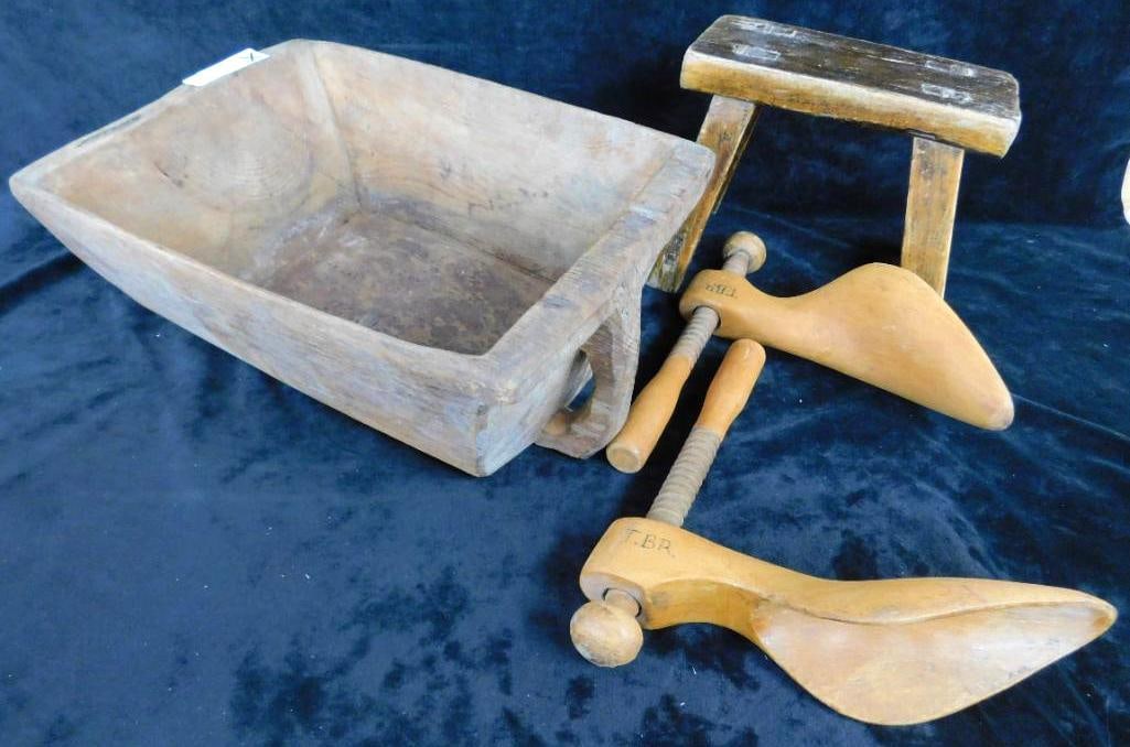 Lot with Shoe Stretchers - Small Stool - Handled Bin Scoop: See Photos For Condition and Details