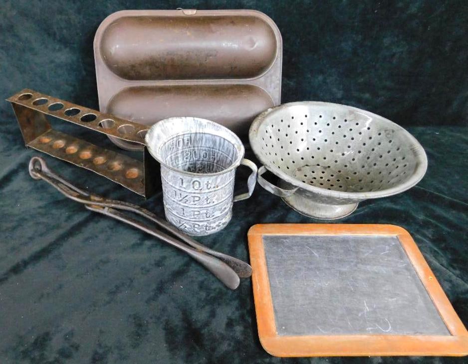 Box Lot with Enameled Measuring Cup - Colander - Bread Mold - Chalk Board: See Photos For Condition and Details