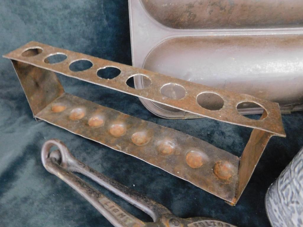 Box Lot with Enameled Measuring Cup - Colander - Bread Mold - Chalk Board - 3