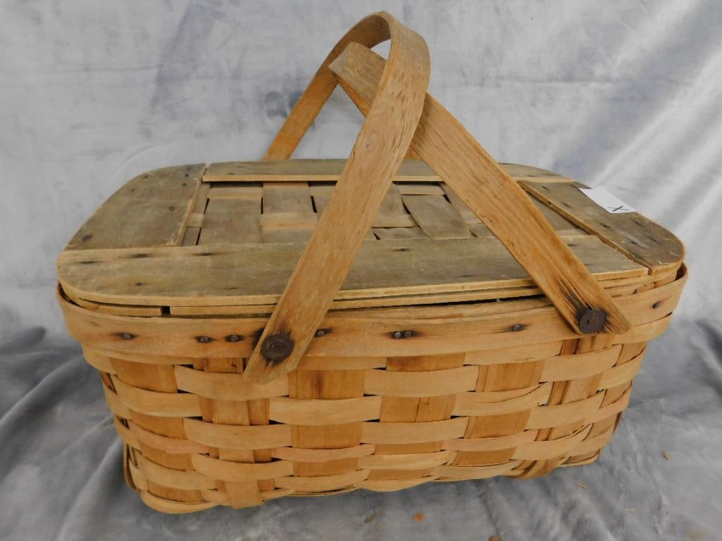 Vintage Double Handled Picnic Basket - 9" x 18.5" x 12.5" - 13