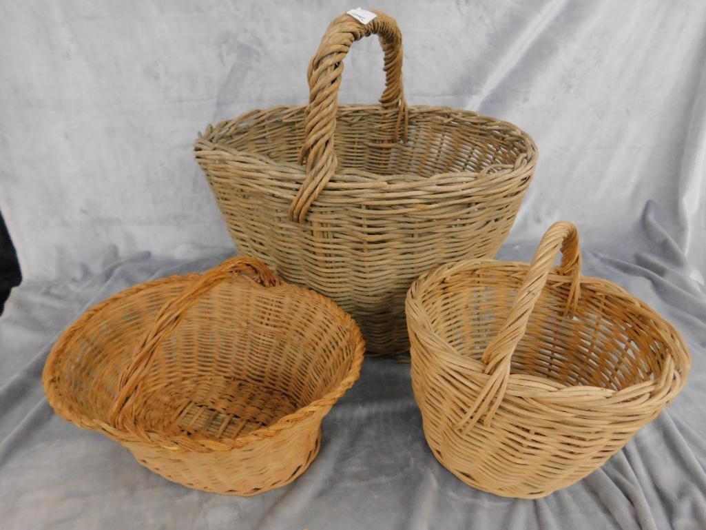Group of 3 Early Handled Baskets - 18.5" x 18" x 20" - 11" x 10" x 11" and 9" x 13" x 11" - 14