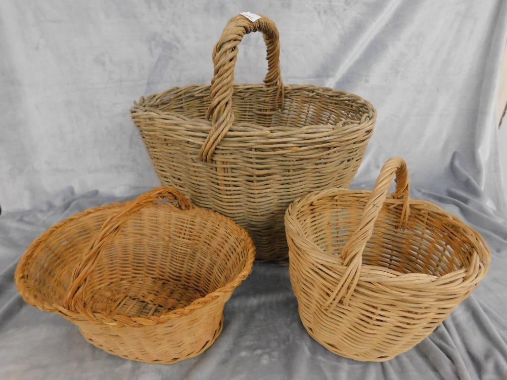 Group of 3 Early Handled Baskets - 18.5" x 18" x 20" - 11" x 10" x 11" and 9" x 13" x 11" - 16
