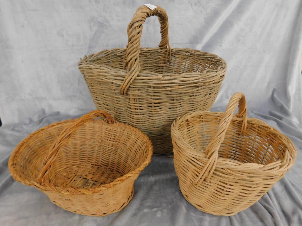Group of 3 Early Handled Baskets - 18.5" x 18" x 20" - 11" x 10" x 11" and 9" x 13" x 11" - 17