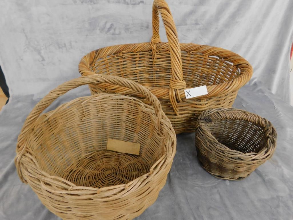 Group of 3 Vintage Handled Baskets - 1.5" x 25.5" x 19.5" and 13" x 13" x 14" - 12
